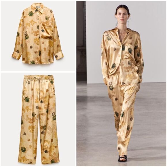 ZARA CO-ORD SET ZW COLLECTION PRINTED 100% SILK PANTS AND SHIRT - Picture 1 of 14
